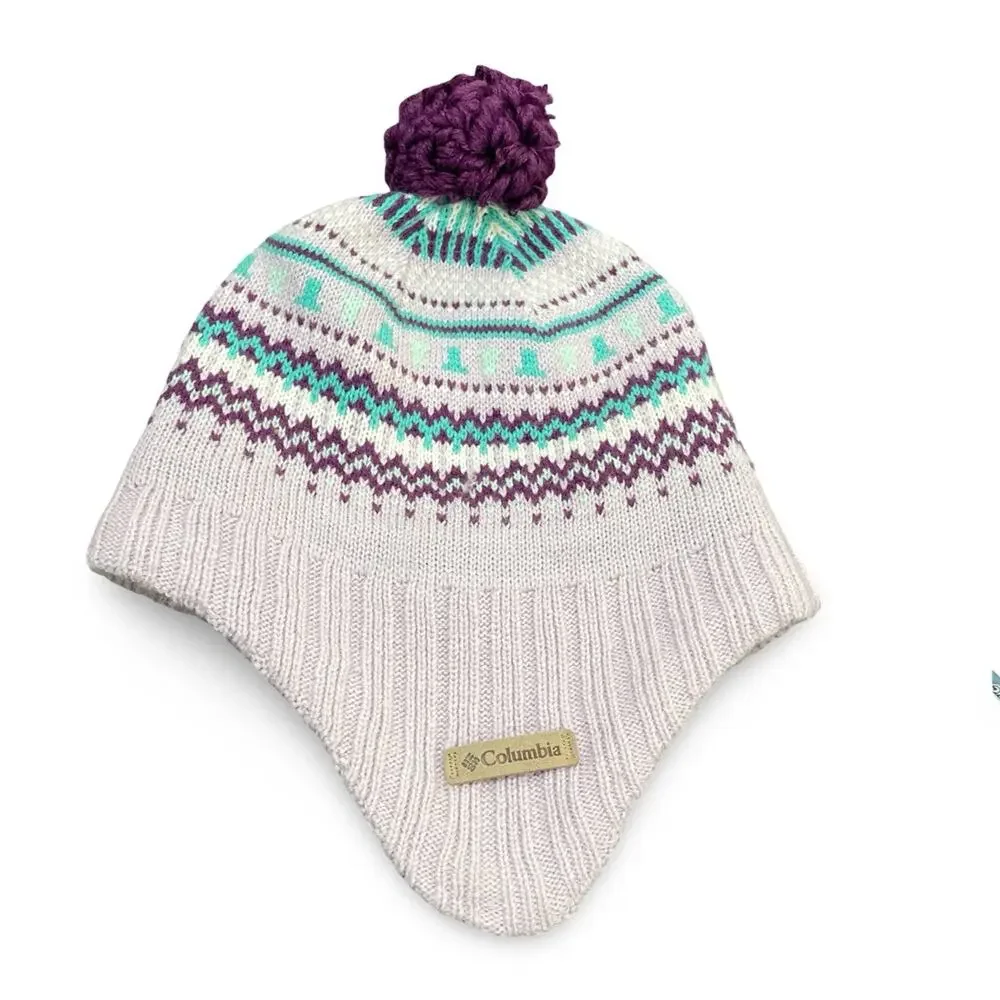 Columbia Omni Heat Earflap Beanie Hat Cream Pink Purple Fair Isle Pom Pom Chullo